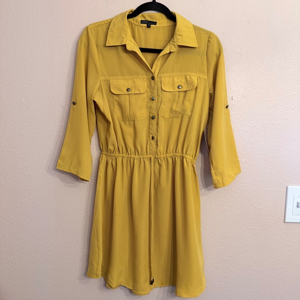 Bebop Mustard Yellow Button Down Utility Shirt Dress Elastic Waist Size M NWT